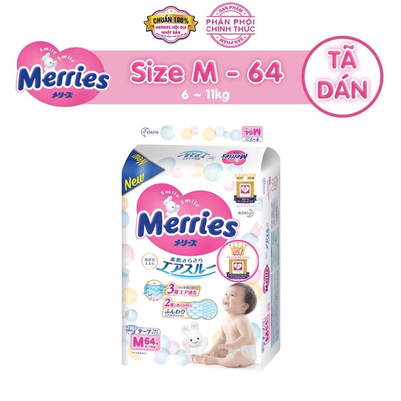 TÃ/BỈM DÁN MERRIES SIZE M 64+4 MIẾNG 6-11kg