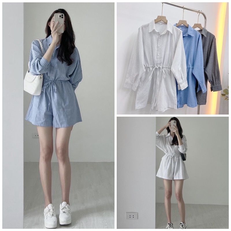 Jumpsuit Kẻ Sọc Dây Rút