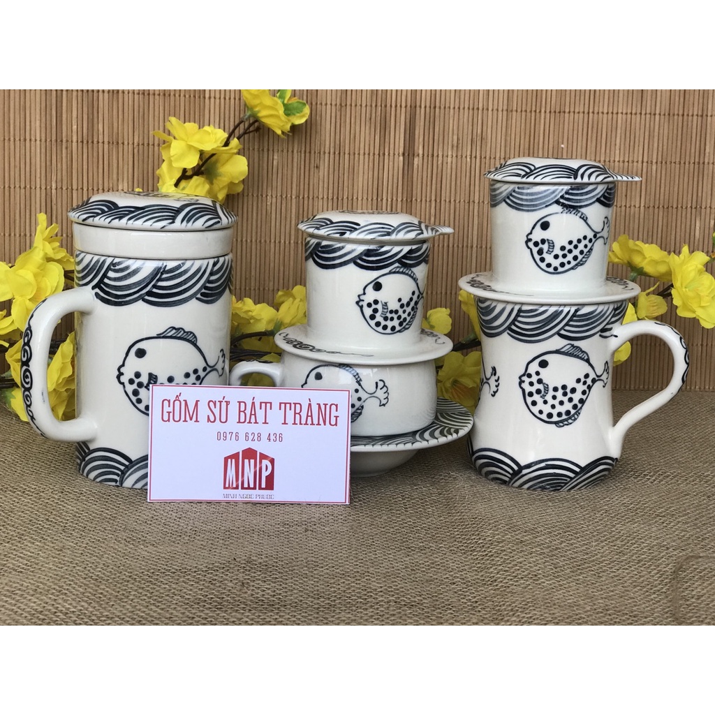 Bộ Phin Cà phê- lọc trà Sứ Bát Tràng hoa văn vẽ tay