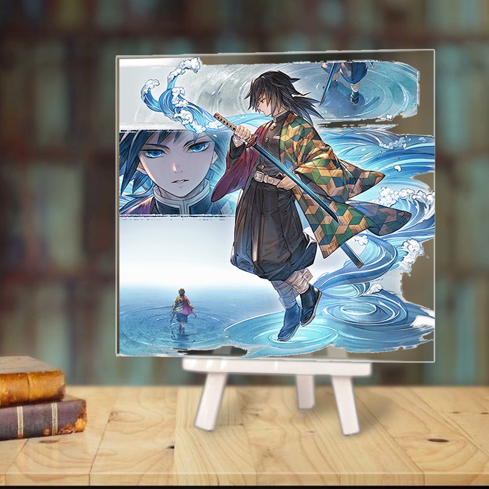 Tranh kính KIMETSU NO YAIBA Thanh Gươm Diệt Quỷ anime chibi acrylic mica trong trưng bày trang trí giá gỗ