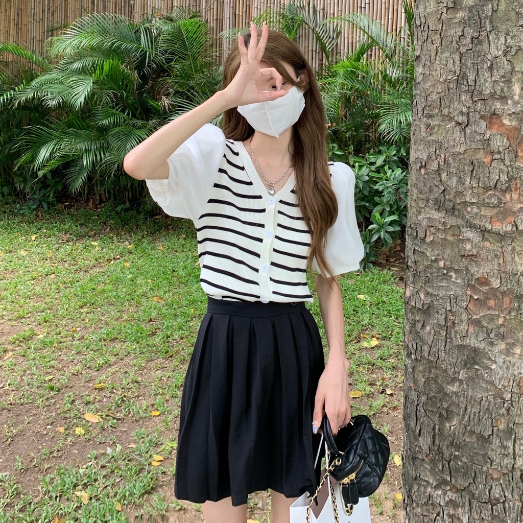 【ZHELIHANGFEI】Áo Thun Tay Phồng Kẻ Sọc Phối Lưới Xinh Xắn Thời Trang Cho Nữ