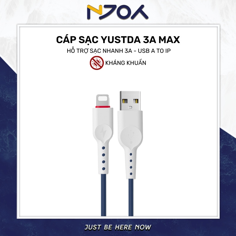 Dây Sạc IPKháng Khuẩn YUSTDA USB to Hỗ Trợ Sạc Nhanh 3A Max Cáp Dài 1.2m Chống Gẫy Cáp Bảo Vệ Pin