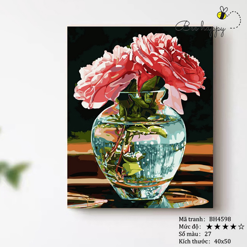 Tranh tô màu theo số trăm hoa khoe sắc BEE HAPPY cao cấp màu 5ml, 2 bộ cọ có sẵn mã BH4598
