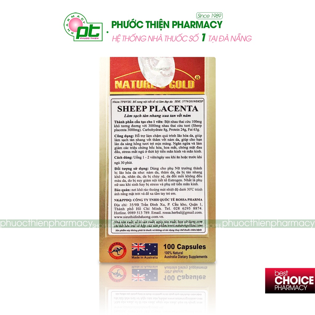 Viên uống nhau thai cừu Úc Sheep Placenta Nature's Gold 100 Viên - Đẹp da, mờ nám tàn nhang, tăng sinh lý nội tiết tố nữ