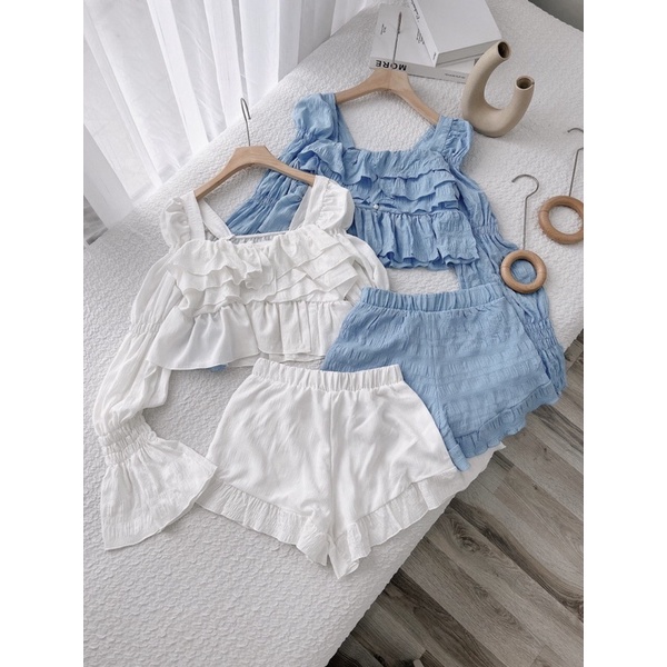 SÉT ÁO KIỂU TAY BỒNG NHÚN CROP+SHORT