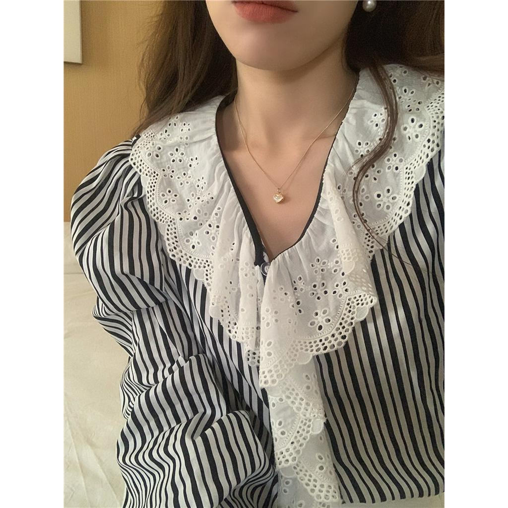 61074 Áo Sơ Mi Dài Tay Sọc Ren Khâu
