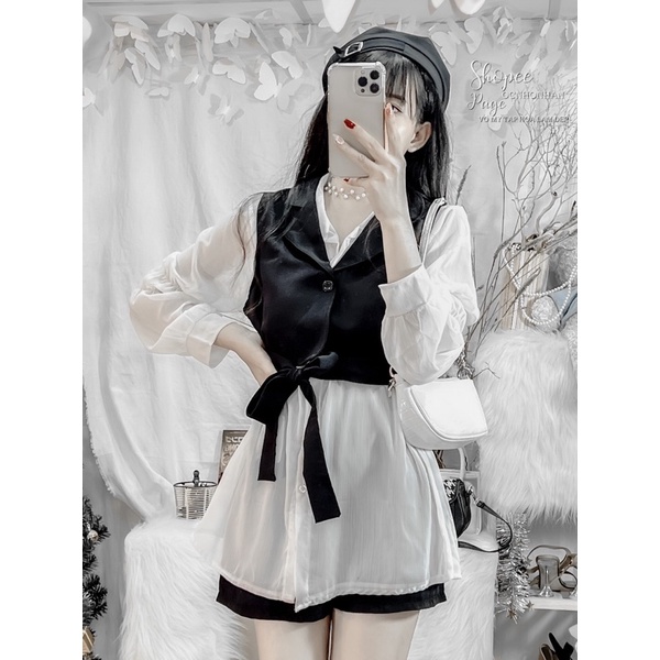 Set áo vest cột eo 3 món y hình