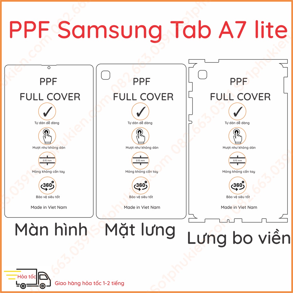 Dán PPF Samsung Tab A7 Lite (màn 8.7 inch) loại nhám, bóng dành cho màn hình, mặt lưng, mặt lưng full viền