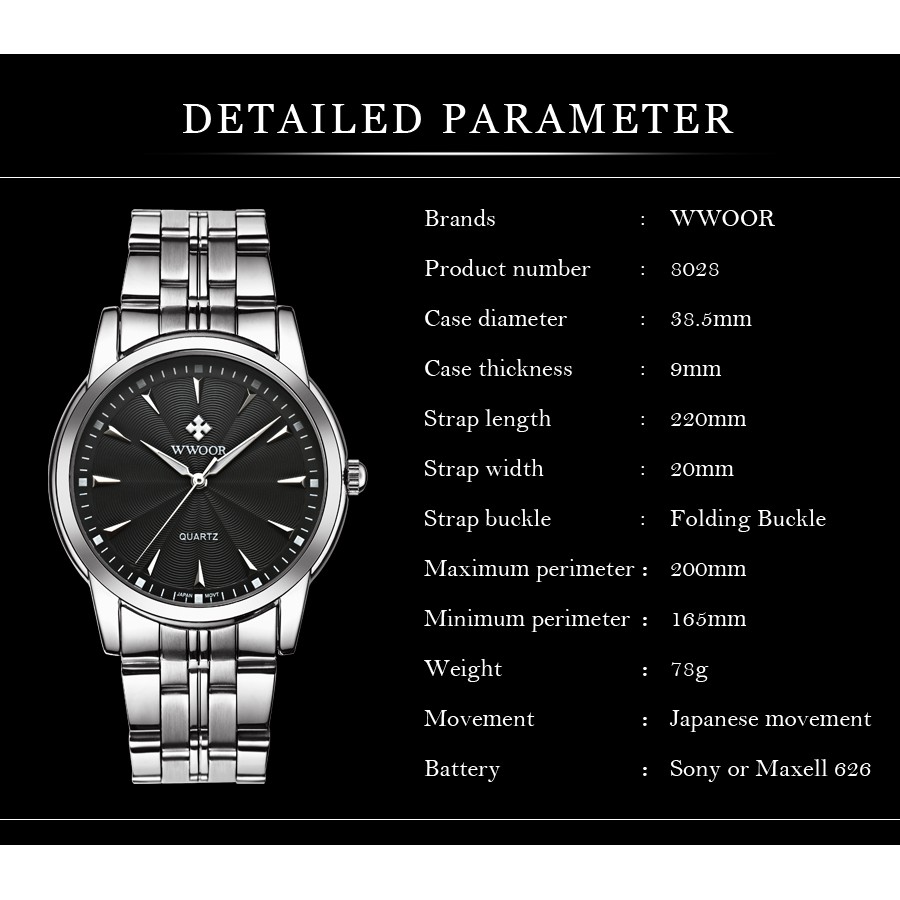 WWOOR Men's Watches Waterproof Wristwatch Stainless Steel Quartz Watches 8028