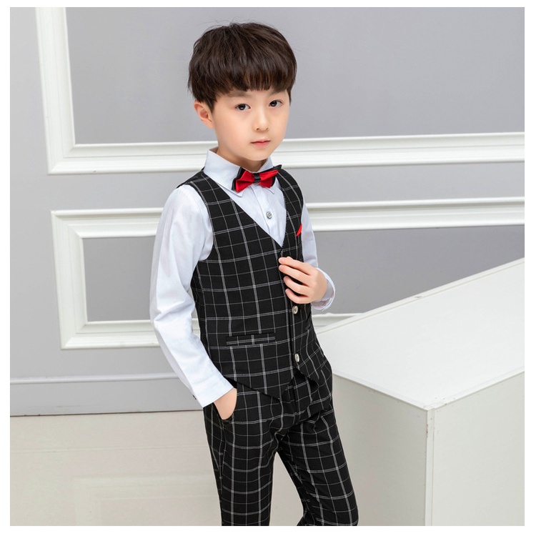 Bộ ghile bé trai cao cấp TQB068 kẻ đen gồm 2 chi tiết (áo ghile + quần tây dài) tặng kèm nơ
