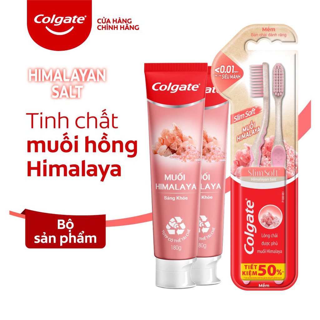 Bộ chăm sóc răng miệng Colgate: 2 Kem đánh răng 180g &amp; 2 Bàn chải từ muối hồng Himalaya