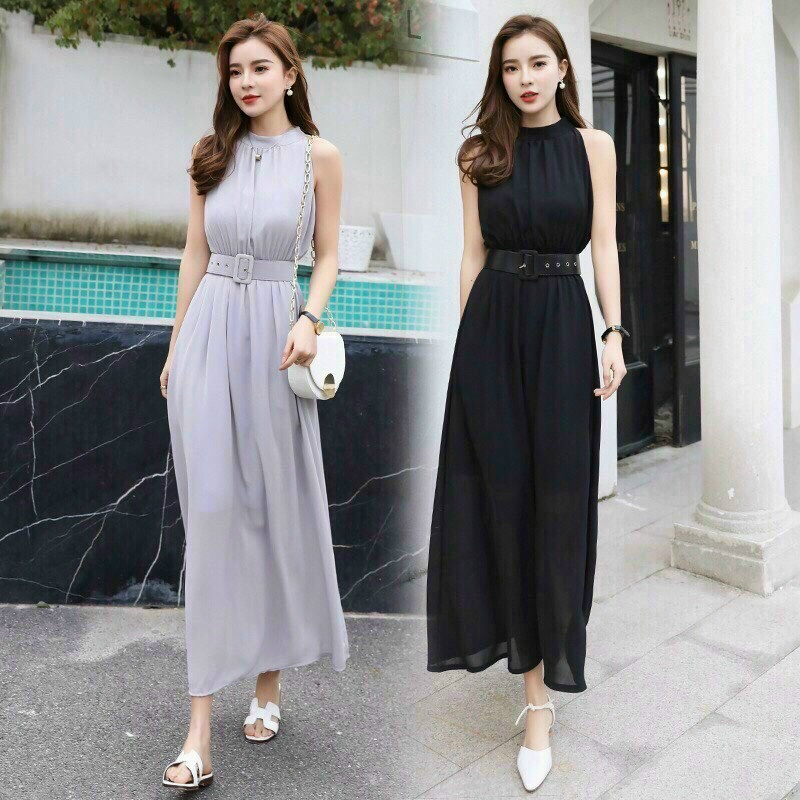 ĐẦM MAXI XÁM KÈM NỊT Chất: chiffon lót thun Màu: xám nhạt, đen Kiểu dáng: đầm dài cổ trụ, ko tay, cài nút sau cổ, eo th