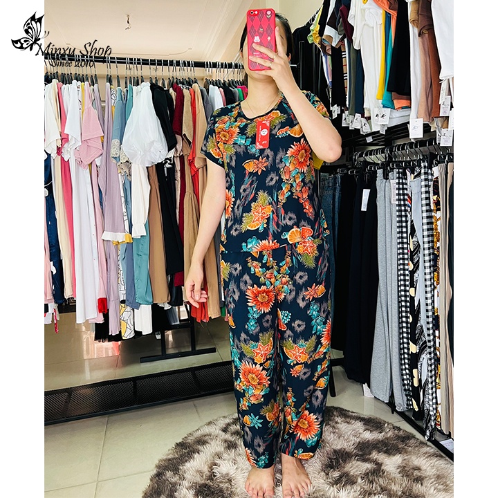 Bộ mặc nhà trung niên vải lanh quần dài áo ngắn tay QUÀ TẶNG BÀ TẶNG MẸ Minxu shop GE