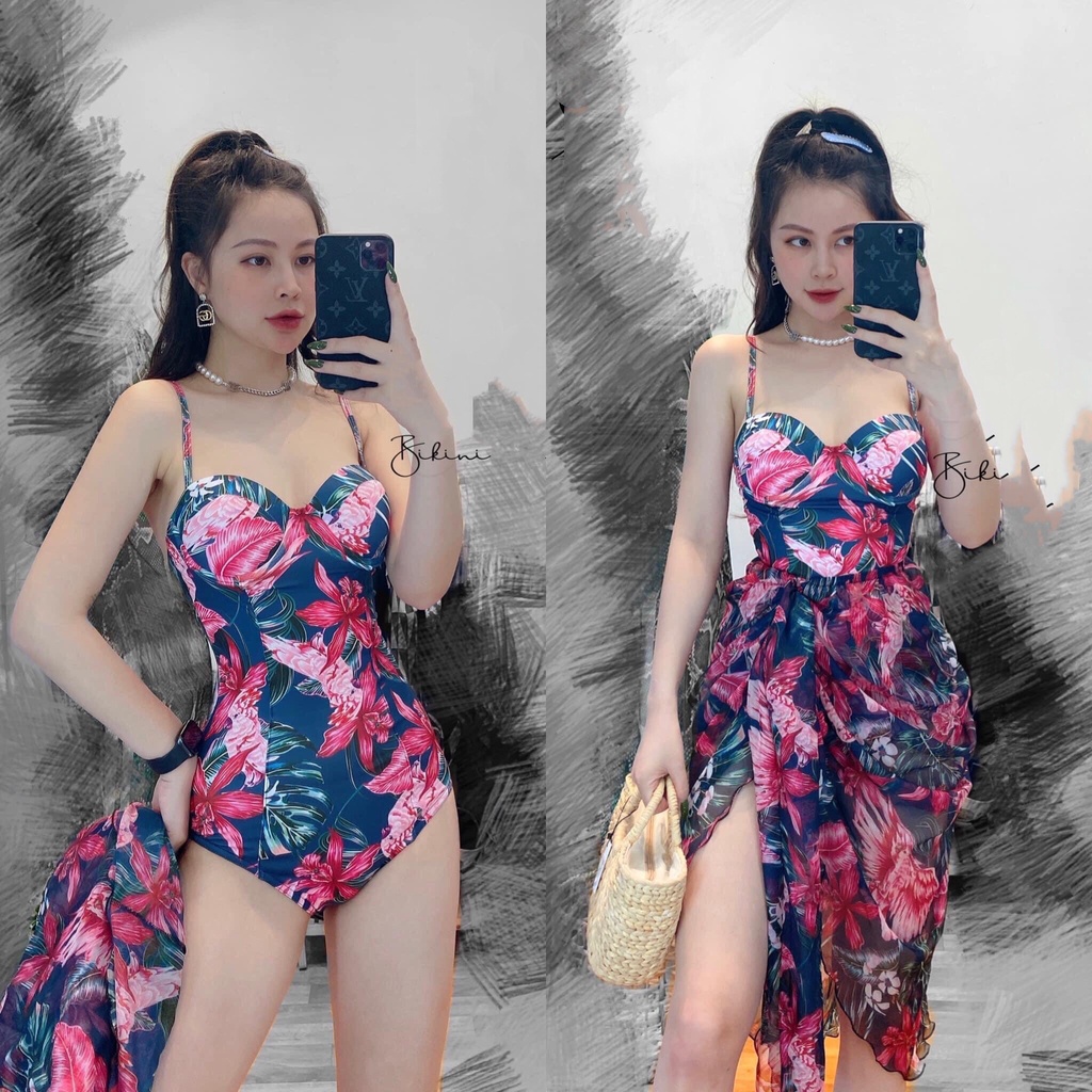 Set Bikini liền gọng đẩy nâng ngực kèm áo choàng họa tiết