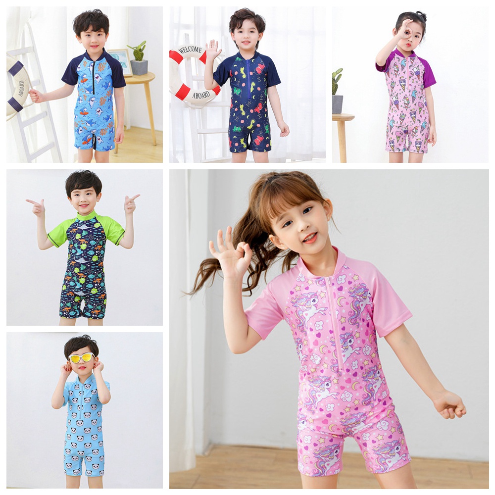 Bộ Đồ Bơi Ngắn Tay Họa Tiết Khủng Long Hoạt Hình Cho Bé Trai 2-11 Tuổi