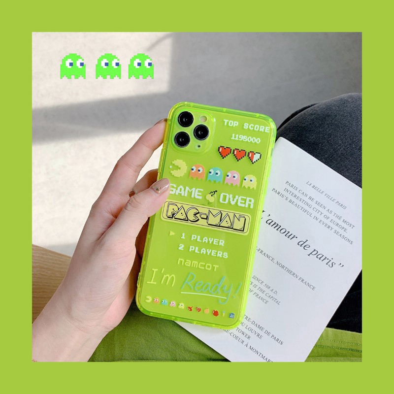 Fluorescence Color iPhone Case 11 Pro Max 7/8 Plus X XR XS Max Phone Case Cute Pac-Man Retro Game Pacman Apple Cover Couple Transparent Clear Casing Camera Protector Shockproof Shell