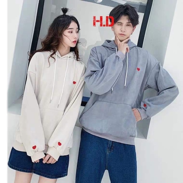 Áo hoodie đôi tim nhỏ in ngực tay HDA0919