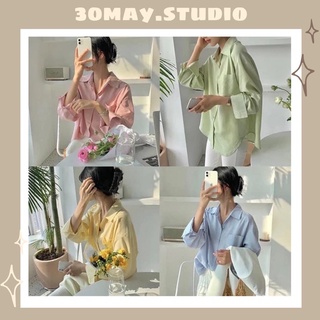 Áo sơ mi lụa vạt bầu tay suông , áo sơ mi dáng rộng pastel dài tay phong cách Hàn Quốc