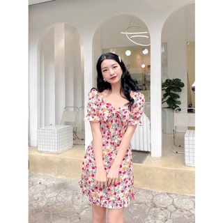Đầm hoa viền bèo thắt nơ ngực - kèm hình thật