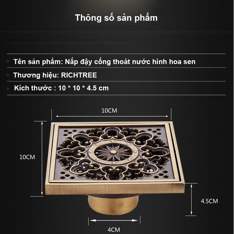 Thoát sàn chống mùi Richtree Dòng điêu khắc hoa văn cổ chất liệu bằng đồng phù hợp lắp cho ống 40-60-90mm