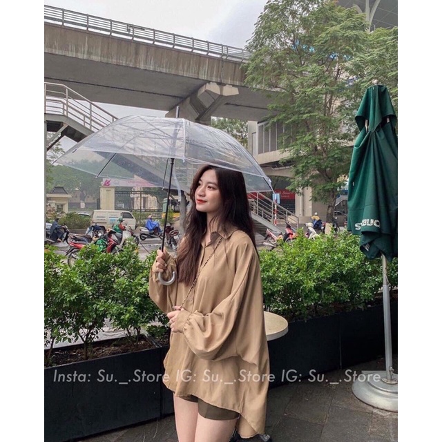 Áo sơ kiểu kiểu nữ Anhribi, Áo sơ mi lụa cổ đức tay bồng dáng dài cách điệu phong cách đơn giản