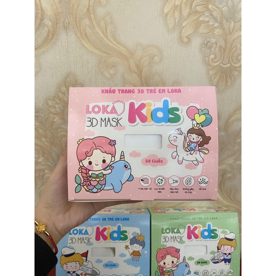 [Freeship] Hộp 50 Chiếc Khẩu Trang Kháng Khuẩn Trẻ Em 3D Kid Mask Diệu Linh/Loka Hoạ Tiết Cho Bé Từ 3 đến 8Tuổi