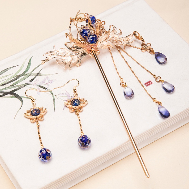 Trâm Cài Tóc Dáng Dài Đính Hoa Phong Cách Hán Phục Cổ Điển