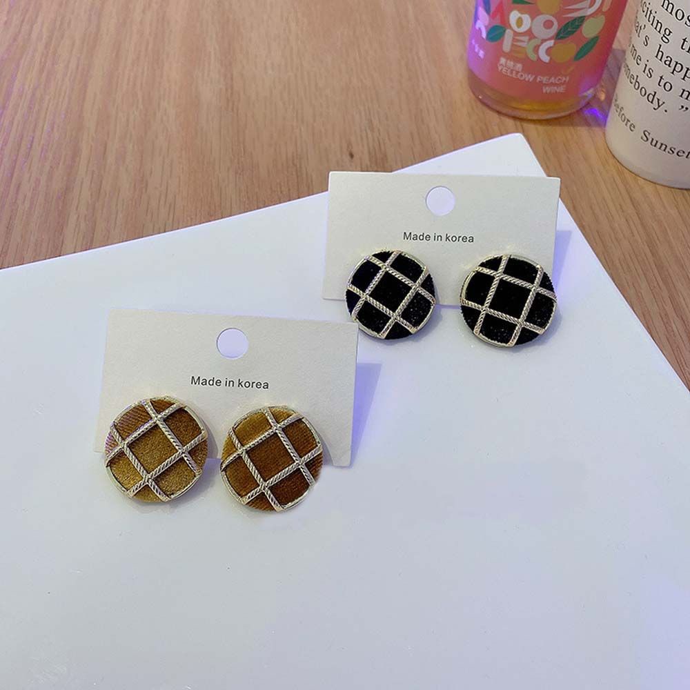 Bông tai hình tròn bằng hợp kim phối họa tiết kẻ ô phong cách Hàn Quốc cổ điển tinh tế thời trang cho nữ