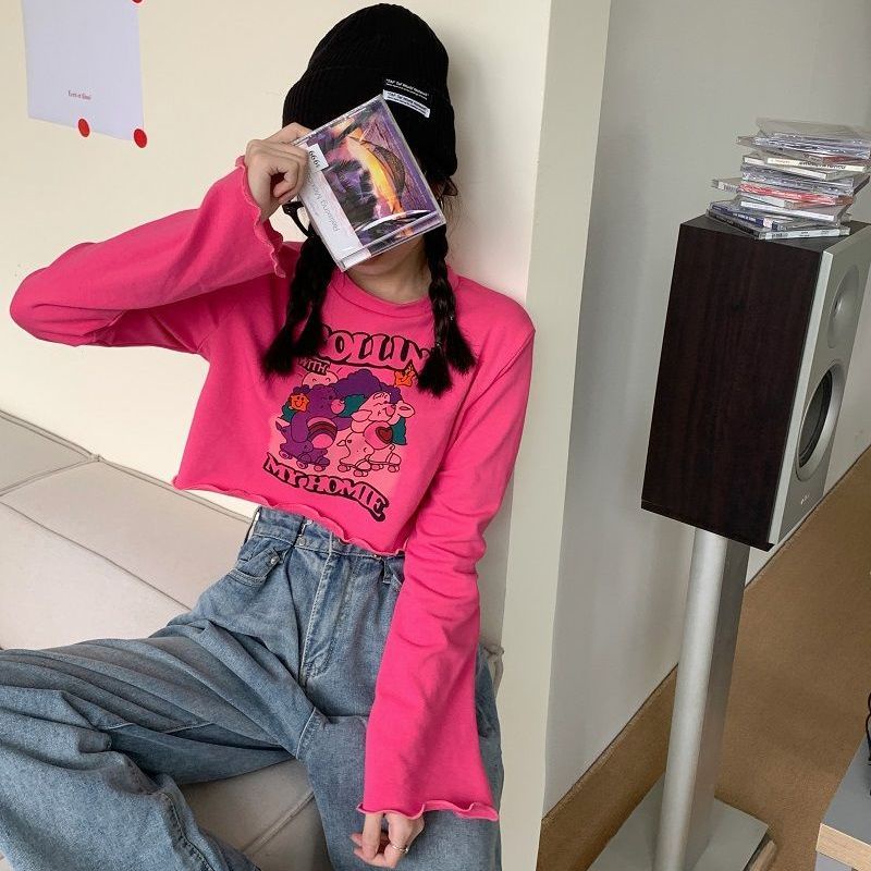 Áo Thun Cotton Tay Dài Hở Rốn In Họa Tiết Hoạt Hình Màu Đỏ Hồng Thời Trang Cho Nữ