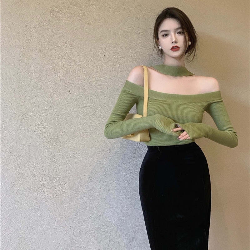 Áo dệt kim tay dài hở vai dáng ngắn thời trang mùa thu