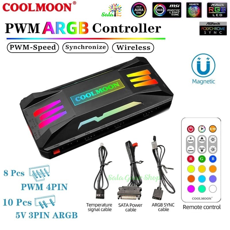 Bộ Hub Coolmoon P-ARGB v2, 8 cổng 4 pin PWM + 10 cổng Led 3 pin 5V-ARGB