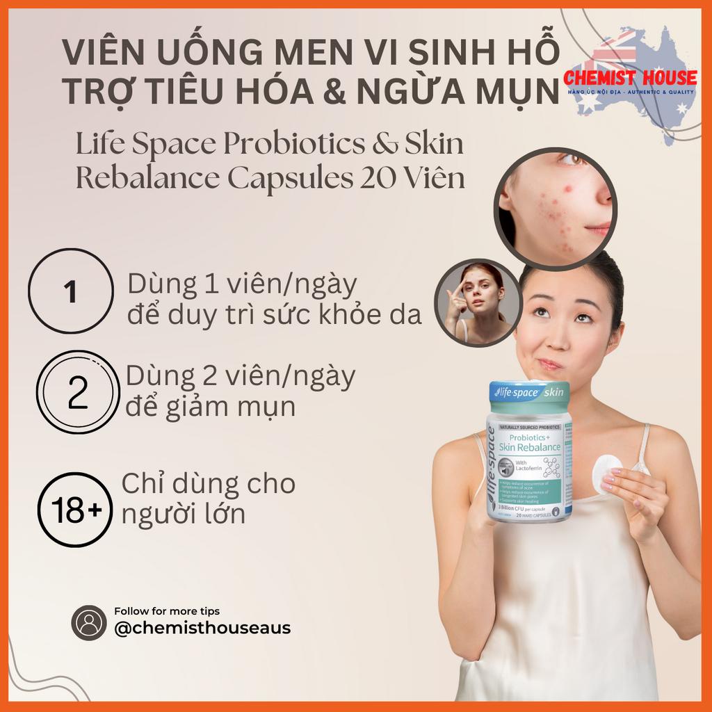Men Vi Sinh Lợi Khuẩn Ngừa Mụn Tái Tạo Cân Bằng Da - Life Space Probiotics &amp; Skin Rebalance 20 viên