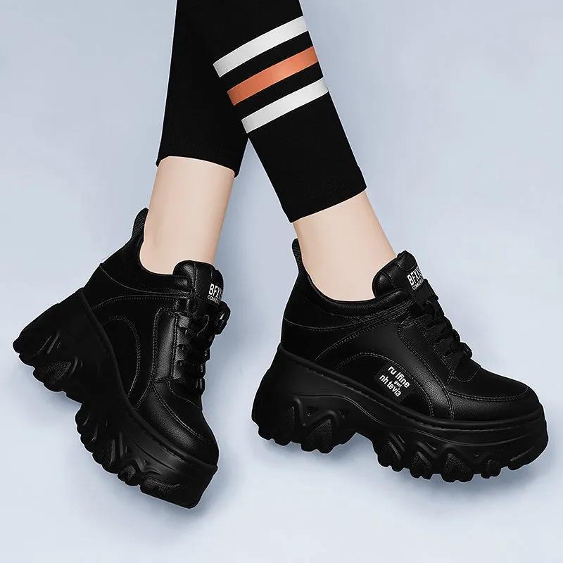 Giày thể thao đế dày 7cm tăng chiều cao màu đen dễ phối đồ thời trang cho nữ