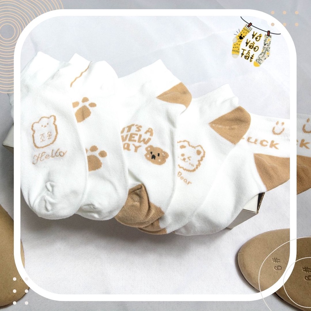 TẤT VỚ NỮ CỔ NGẮN TRẮNG HỌA TIẾT NÂU CÀ PHÊ
