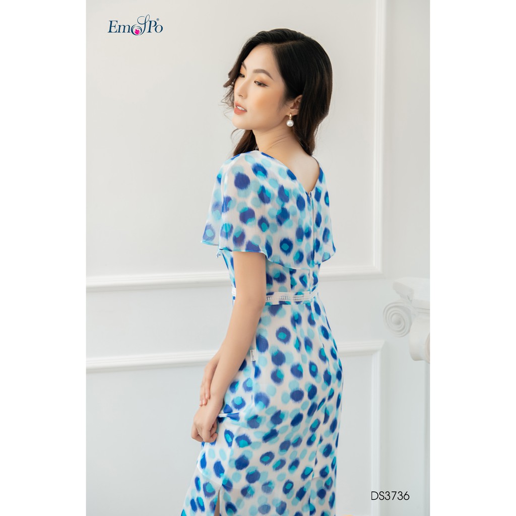 Đầm hoa cổ V, vai chùm, có đai ren nhấn eo Emspo DS3736 (Hồng, Xanh)
