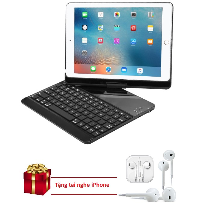 Bàn phím kiêm ốp lưng cho iPad Air 2 xoay 360 độ (Đen).Sản phẩm hot năm 2018 Tặng tai nghe iPhone