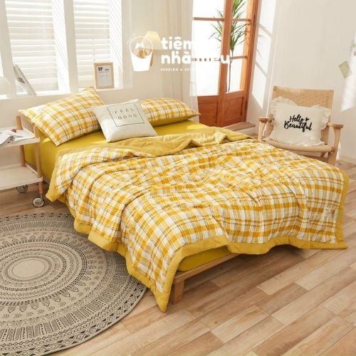 ( Ảnh Thật - Kèm Chăn Hè Mới ) Set Chăn Ga Gối Cottton Tici - Cotton Basic Vintage Caro Cao Cấp Full Size - Màu