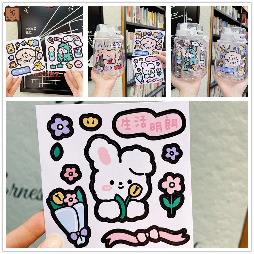 Miếng dán trang trí cốc nước hình thỏ/gấu hoạt hình bằng pvc chống thấm nước DIY