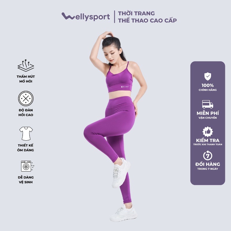 Bộ đồ tập yoga nữ, Gym Welly Sport, áo tập gym nữ  1 dây, quần lưng cao, màu tím Pansy mã BTN01