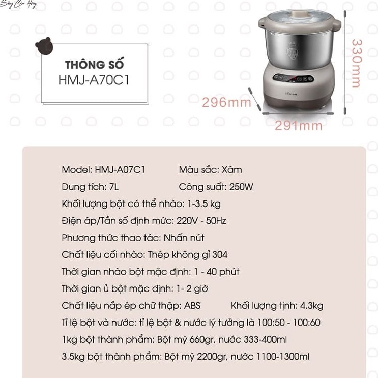 Máy nhồi nhào bột tự động đa năng và tự động ủ bột 7L HMJ-A70C1 Bear, bản quốc tế, tiện lợi tiết kiệm thời gian, BH 18th