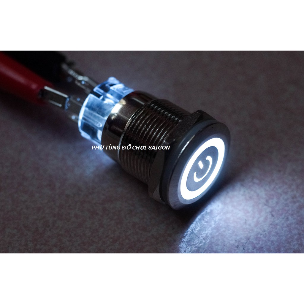Công tắc nút nhấn kim loại LED 19mm hình nguồn nhấn khóa/ nhấn nhả 12V 24V