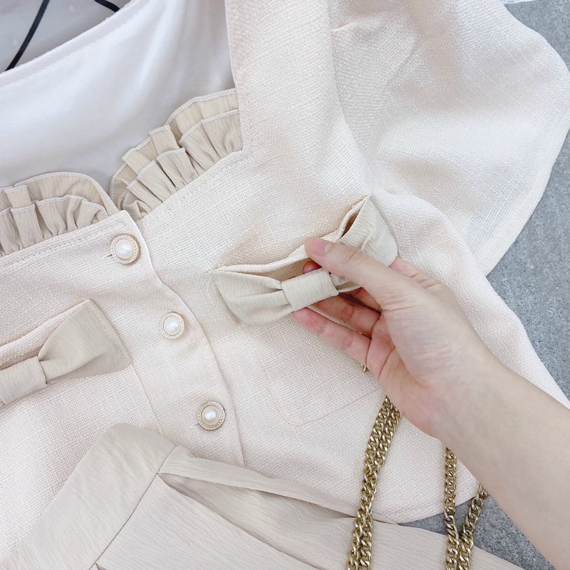 SET Áo croptop nơ nút ngọc kèm Chân Váy midi xếp ly màu nude NÀNG CLOSET