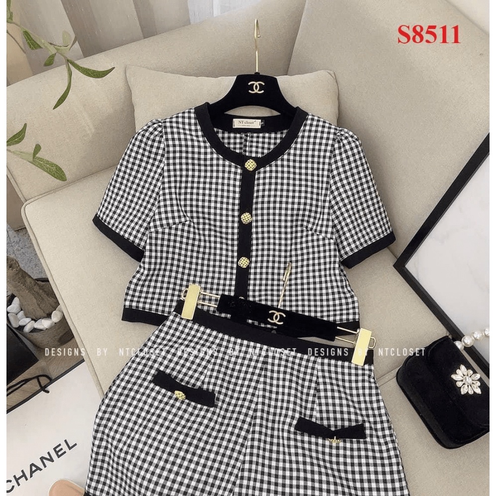 HOT HOT - SÉT VÁY CARO GIẢ TÚI ÁO TAY NGẮN CÓ CÚC ÁO LUNG LINH CỰC THỜI TRANG