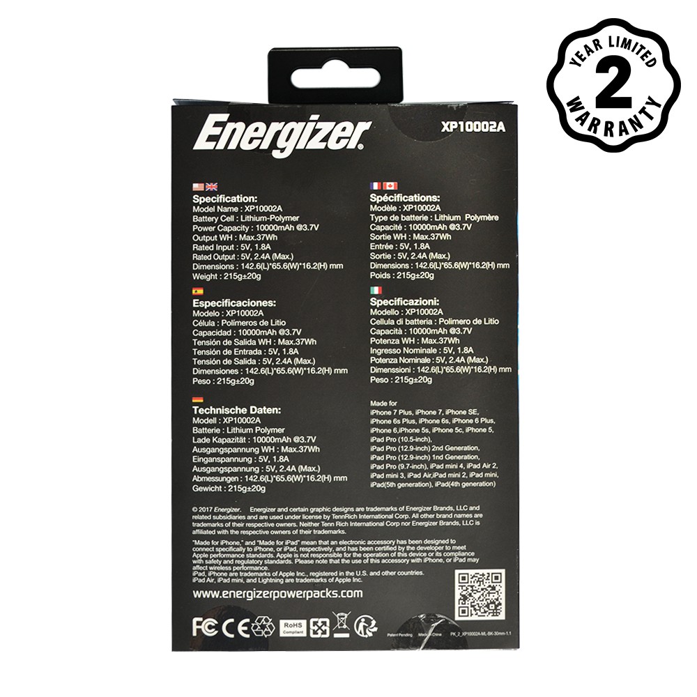 Pin sạc dự phòng Energizer Lightning 10,000mAh - XP10002A