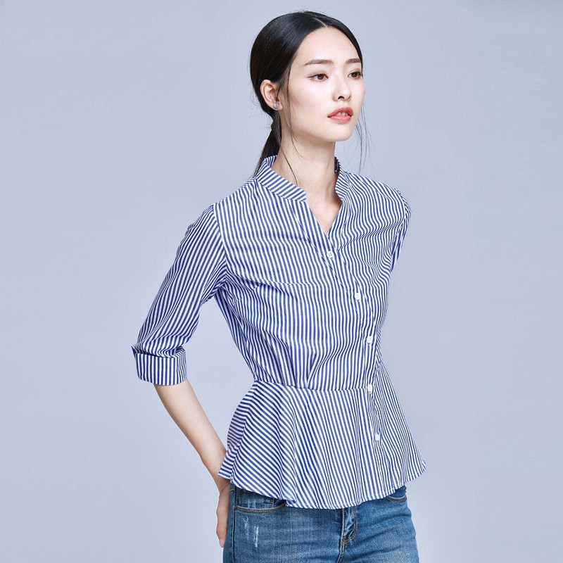 Áo Blouse nữ tay lửng xanh trắng sọc trắng xanh dương kiểu Hàn Quốc