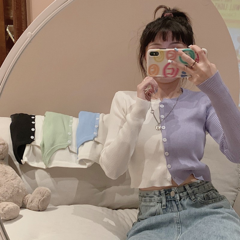 Áo Khoác Cardigan Dệt Kim Dáng Ngắn Phối Màu Kiểu Retro Xinh Xắn | BigBuy360 - bigbuy360.vn