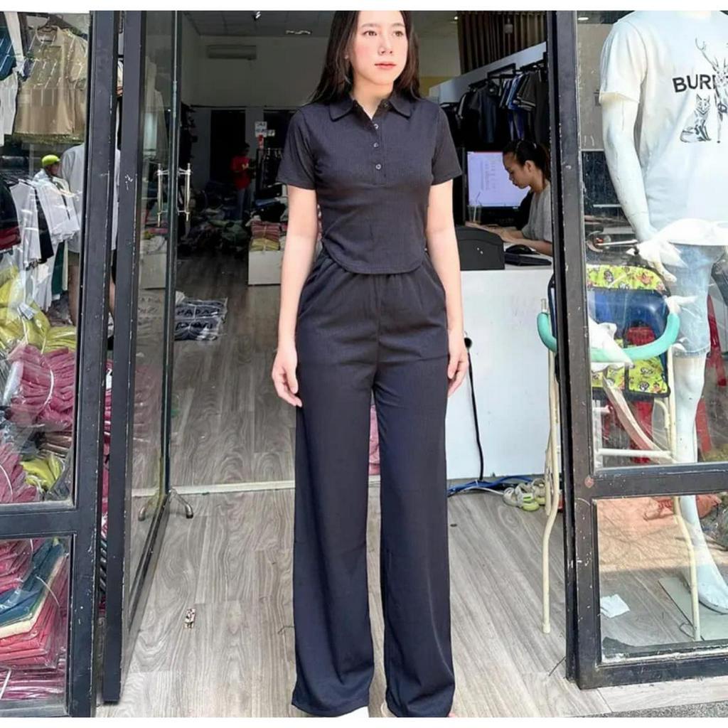 Đồ bộ nữ, set đồ bộ quần ống rộng đai cao có túi và áo croptop ôm lai bầu cổ sơ mi gài nút, bộ đồ mặc ở nhà nữ