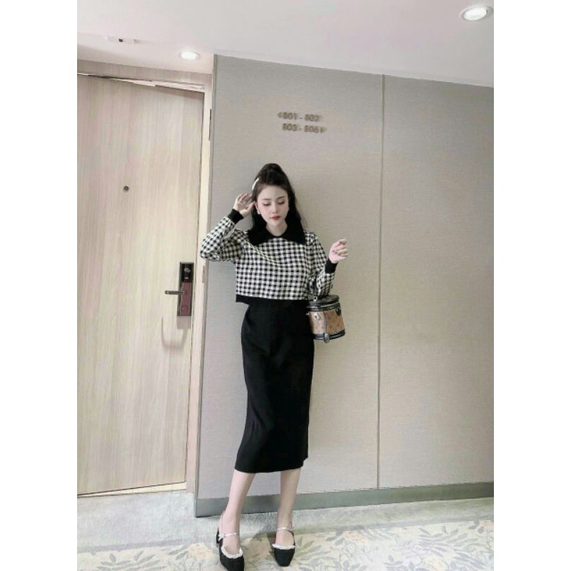 SÉT ÁO.DẠ.KẺ MIX CHÂN VÁY ZIP | BigBuy360 - bigbuy360.vn