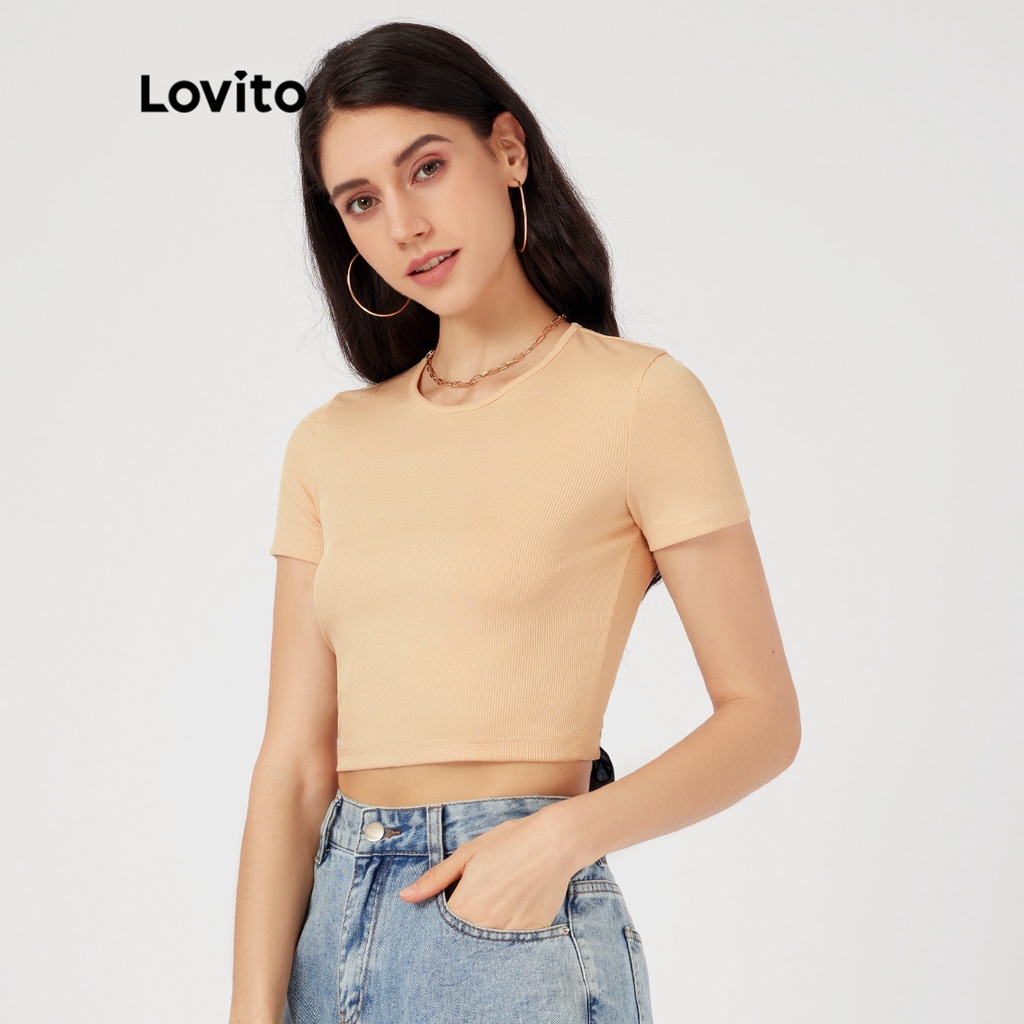 Áo thun Lovito cơ bản hàng ngày buộc dây sau lưng ghép nối màu sắc phong cách thường ngày L23LD007 (màu mơ)