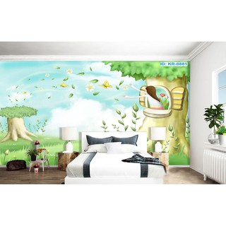 Tranh dán tường 3D cô gái và bầu trời xanh BINBIN TB40 (Kích thước : tuỳ chọn)